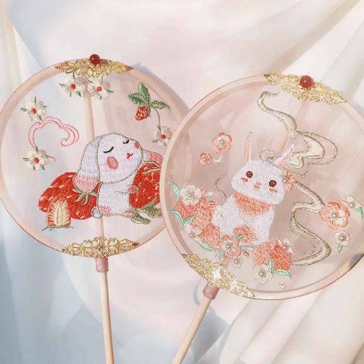 ❤精選❤漢服女童配飾刺繡古風團扇兒童長柄兔子小女孩仙氣古代中國風扇子618購物節 雙11全館免運