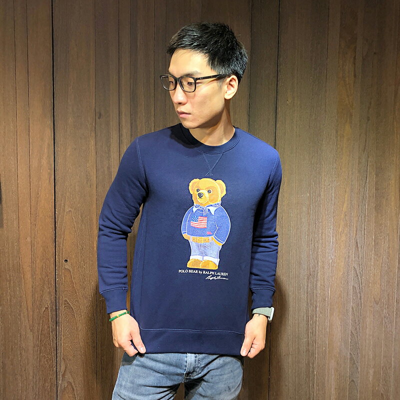 美國百分百【全新真品】Ralph Lauren 大學T 長袖T恤 RL 泰迪熊 polo 小熊 刷毛 深藍 AF65