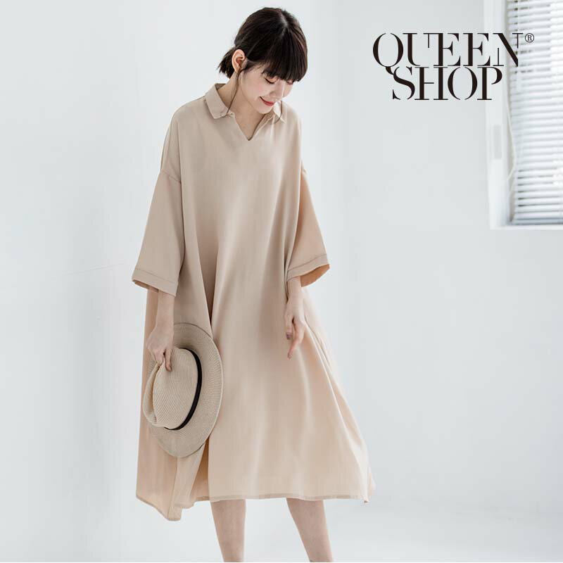 Ｑｕｅｅｎ Ｓｈｏｐ【01084355】簡約素色V領傘襬洋裝 兩色售＊現+預＊