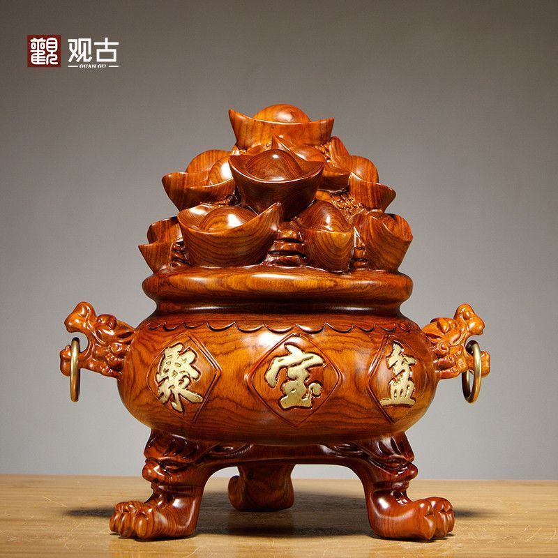 招財擺件 開運 花梨木雕聚寶盆紅木風水工藝品擺件 客廳公司裝飾店鋪招財開業送禮 全館免運
