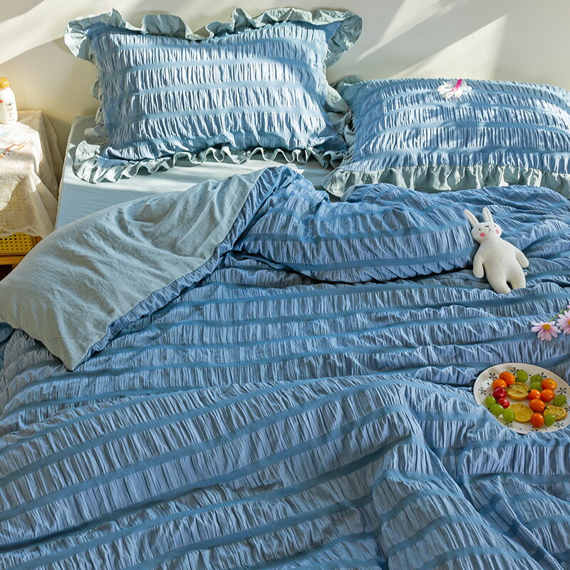 韓式水洗棉仙女公主風床上四件套北歐風ins花邊床單被罩被套床品4