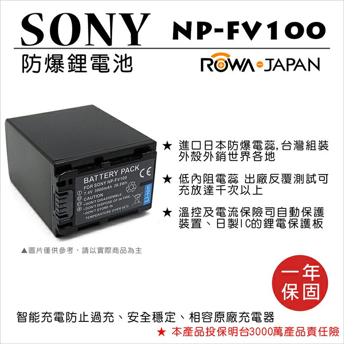 ROWA 樂華 FOR SONY NP-FV100 NPFV100 電池 外銷日本 原廠充電器可用 全新 保固一年 【APP下單點數 加倍】