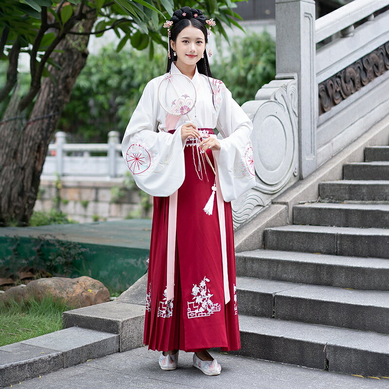 中國風改良漢服刺繡琵琶袖交領上衣一片式百迭裙日常連衣裙套裝秋1入