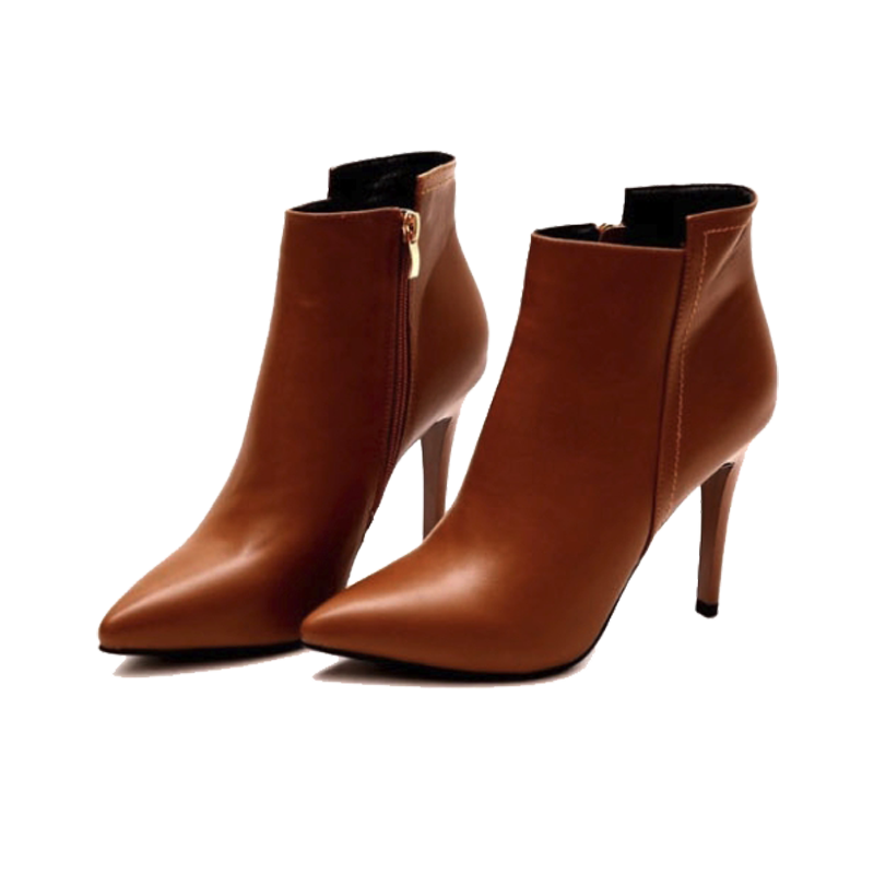 尖頭高跟短靴女鞋女靴基本款百搭通勤上班上課鞋仿真皮面歐美靴-黑/棕34-39【AAA3430】