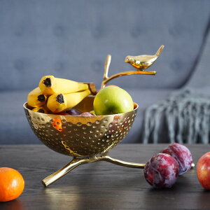 歐式美式手工銅制小鳥樹枝創意收納盤大果盤果簍 軟裝家飾品擺件