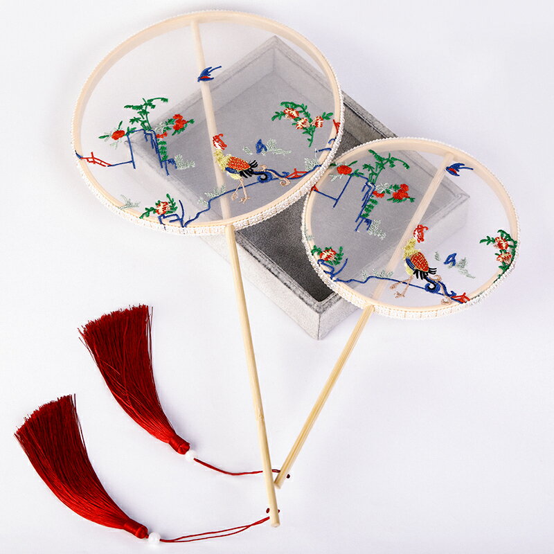 漢服扇子仿孔府圖案花鳥刺繡團扇古風長柄流蘇圓扇兒童古裝配飾女