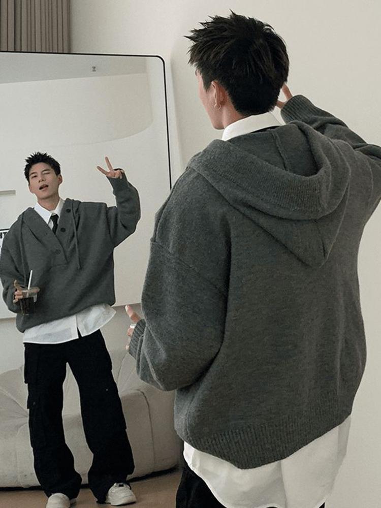 美式復古半開衫毛衣男冬季慵懶高階感連帽針織衫重磅廓形衛衣外套-貼心家居