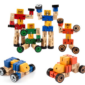 木質百變機器人兒童早教益智木制積木男孩智力動腦玩具1-2-6周歲