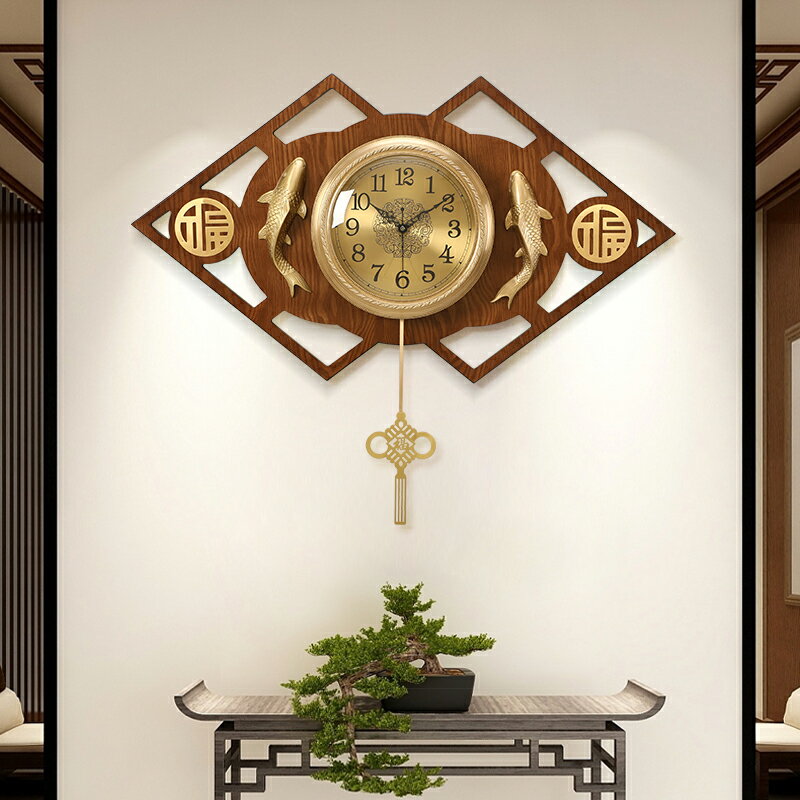 新中式鐘表掛鐘客廳家用時尚裝飾古典2021新款靜音掛墻黃純銅時鐘