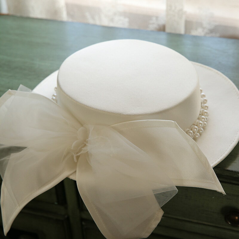 【巴黎精品】禮帽宴會頭飾-法式珍珠緞面蝴蝶結平頂新娘女頭飾v1am12