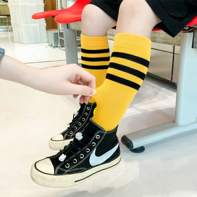 韓國薄款兒童高筒襪子夏季網眼男童小腿襪中長筒女孩條紋舞蹈潮襪