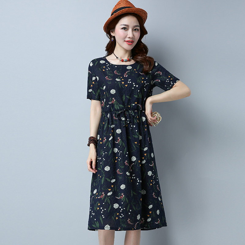 FINDSENSE G5 韓國時尚 夏裝 棉麻 連身裙 寬鬆 大尺碼 顯瘦 中長款 女裙