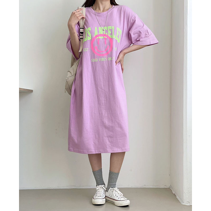 ANNAS 特價 正韓 LA 笑臉懶人裙 粉色洋裝 短袖 棉T 長洋裝 休閒洋裝長T 韓國製