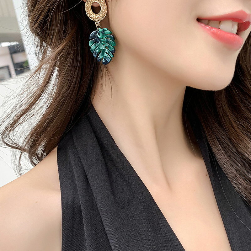 925銀針綠色樹葉清新耳環韓國氣質網紅耳墜時尚高級感耳飾