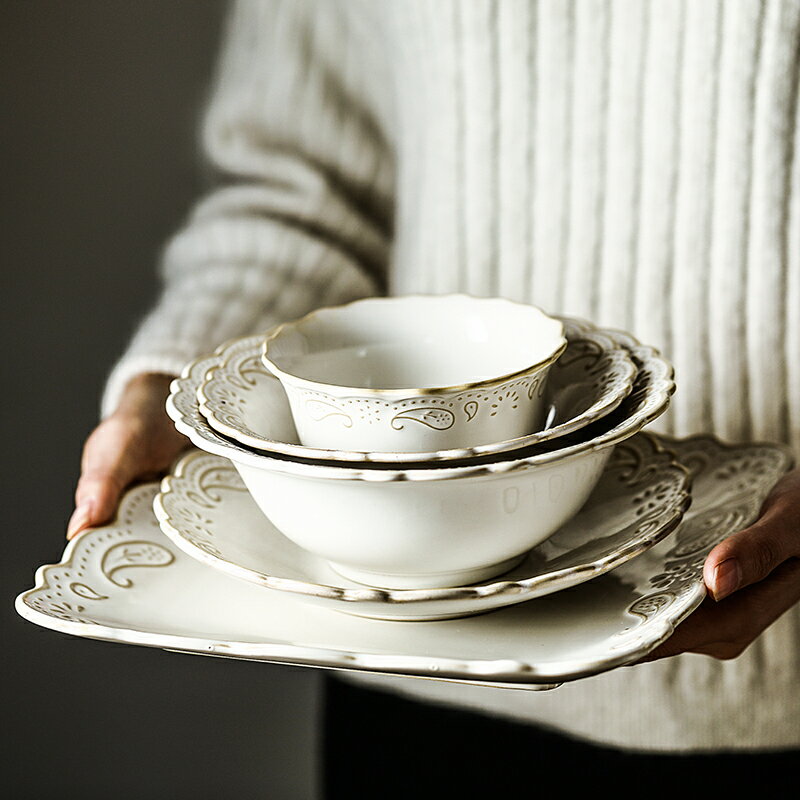 復古歐式宮廷陶瓷西餐盤碗杯碟壺牛排點心碗沙拉菜盤法式浮雕餐具