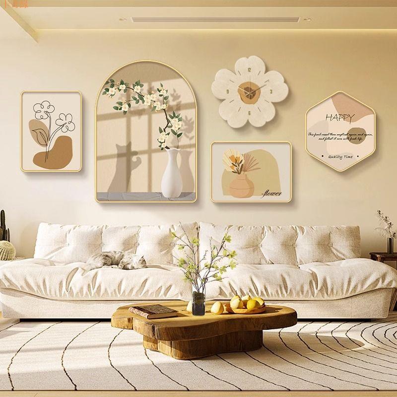 北歐客廳裝飾畫帶鐘表現代簡約沙發背景墻壁畫創意高檔奶油風掛畫