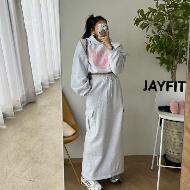 ANNAS 正韓刷毛工作裙套裝 連帽刷毛T 刷毛口袋長裙 休閒潮流字母印花 韓國 3