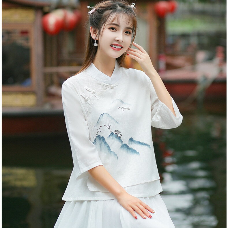 夏裝中國風改良漢服唐裝旗袍上衣女禪意文藝禪服棉麻茶服學生1入