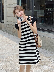黑白條紋無袖連身裙女夏小個子時尚復古寬松顯瘦直筒裙子洋裝