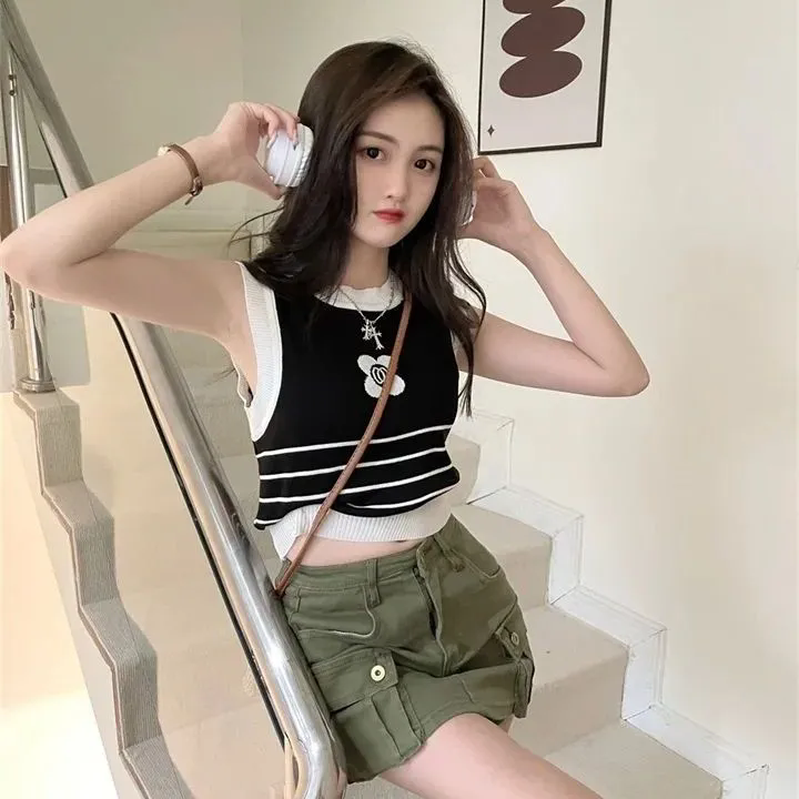 女士背心 小可愛 撞色條紋小吊帶 外穿上衣 寬松顯瘦無袖上衣 針織背心 女生背心【不二雜貨】