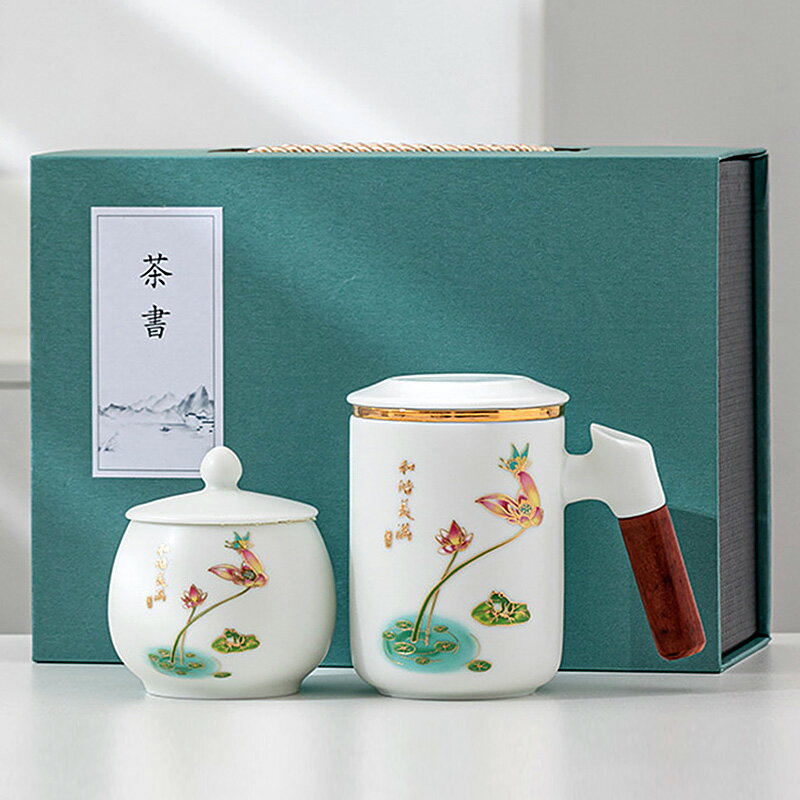 中國風陶瓷泡茶杯白瓷帶茶濾馬克杯中式木把國潮杯子辦公杯伴手禮