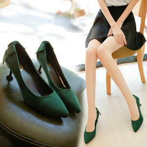 細跟中跟尖頭高跟鞋女韓版秋季新款絨面紅色婚鞋墨綠色低跟工作鞋