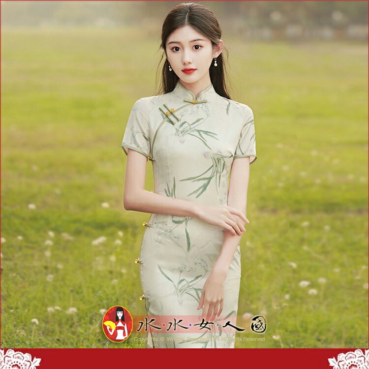 中國風長旗袍長經典清新印花改良女夏季氣質年輕款素雅老上海日常洋裝-玉蘭枝影-水水女人國