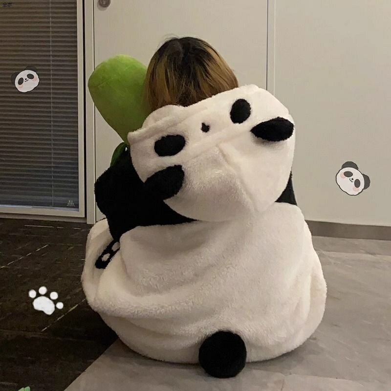 睡衣 加絨 可愛卡通熊貓冬季睡袍女睡衣珊瑚絨新款女保暖家居服套裝睡衣女 睡袍 睡衣冬天 連衣睡衣 絨毛睡衣