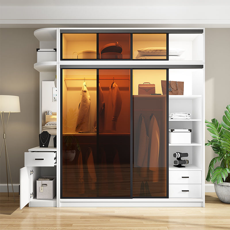 網紅推拉門鋼化玻璃大衣柜現代簡約家用臥室移門趟門儲物衣櫥