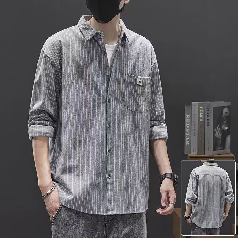 條紋長袖襯衫男 韓版時尚潮流口袋翻領襯衫 舒適透氣潮男百搭休閒襯衫 居家派對旅遊寬鬆男生襯衫