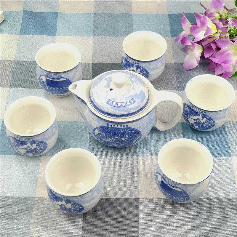 復古經典一壺六杯清明上河圖功夫茶具陶瓷防燙雙層杯懷舊老式套裝