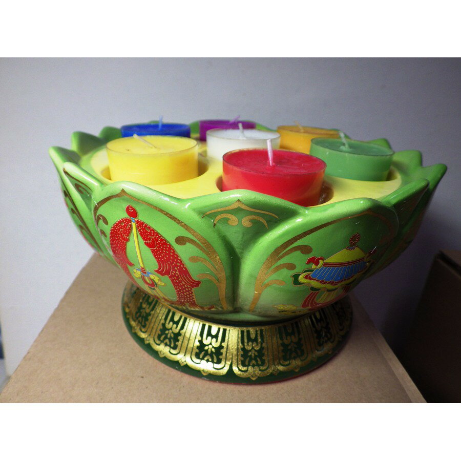 藏式陶瓷八吉祥七彩連花燈座綠色(上盤直徑18.5高9.5公分底座14.5公分)