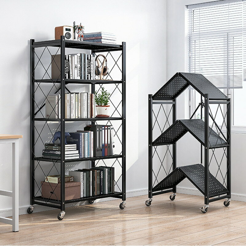 折疊書架免安裝鐵藝置物架臥室儲物帶輪小書柜多層簡易可移動落地