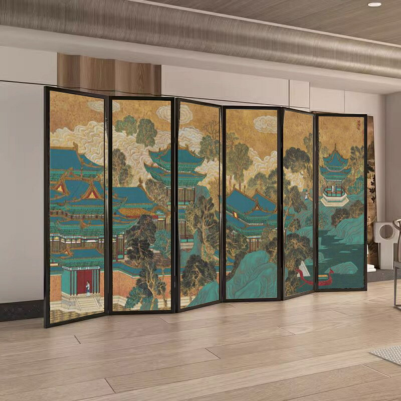 古典中式山水閣樓屏風隔斷客廳移動入戶遮擋茶室辦公背景裝飾折屏/屏風/擋風屏/隔斷屏/遮擋屏/折疊屏/玄關屏風/客廳屏風