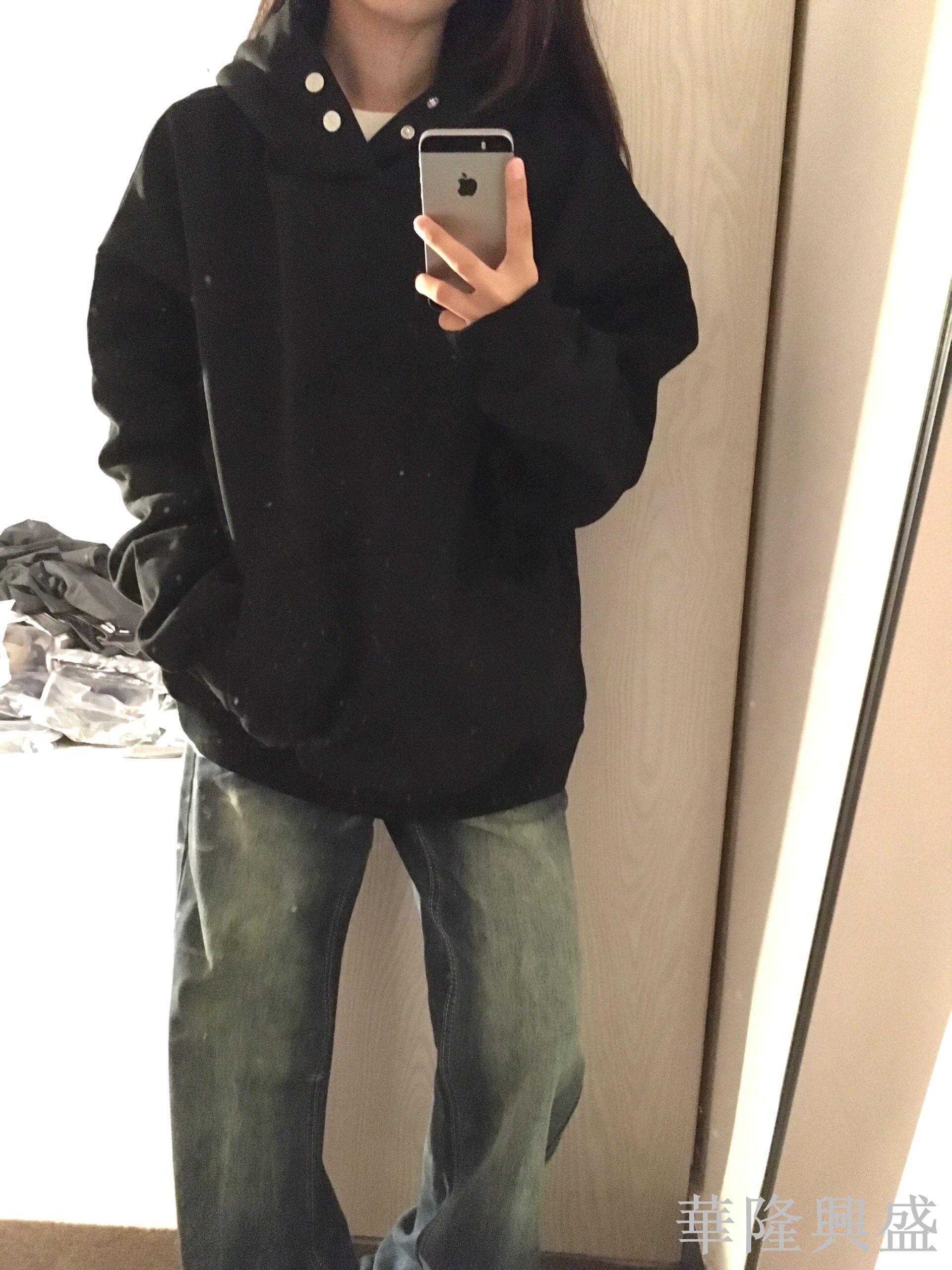 華隆 純棉紐扣黑色連帽衛衣女春秋季薄款寬松內搭美式開衫外套情侶上衣