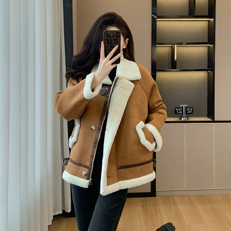 羊羔毛外套麂皮絨大衣-皮毛一體加厚翻領女外套2色74hj27【獨家進口】【米蘭精品】