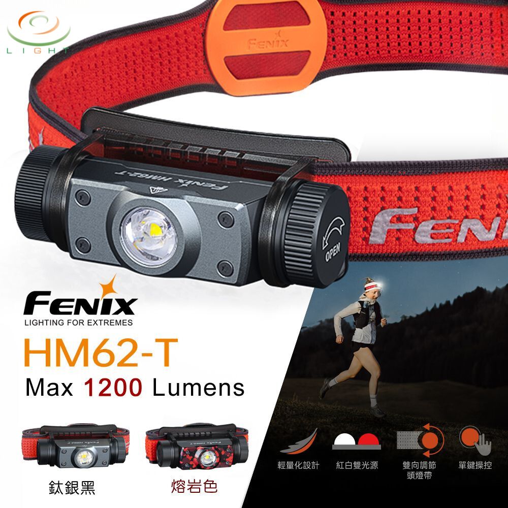 【錸特光電】FENIX HM62-T 1200流明 150米 輕簡越野跑鎂合金頭燈 紅白雙光源 路跑 頭燈帶附求生哨