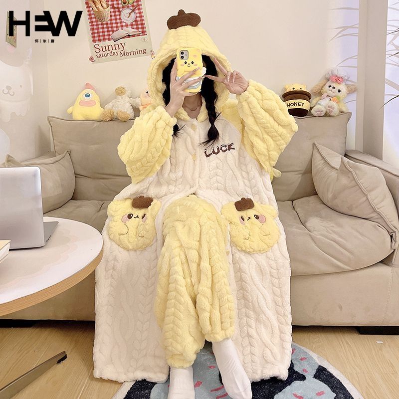 秋冬款甜美少女珊瑚絨睡衣女加絨加厚冬季新款睡袍長款家居服套裝