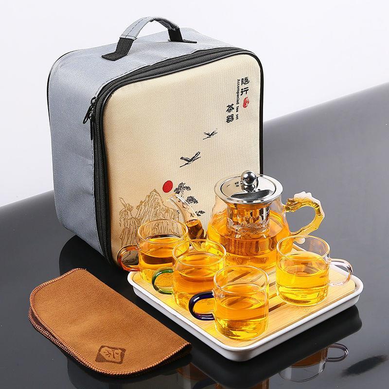 旅行茶具 便攜式旅行玻璃功夫茶具家用茶盤禮品套裝禮品戶外活動車載整套壺