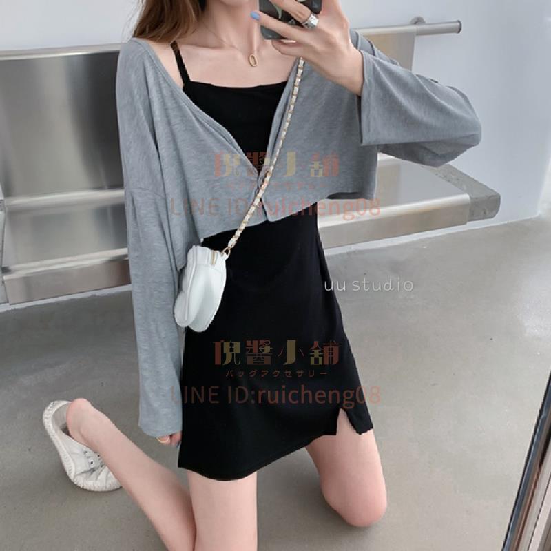長裙套裝吊帶連衣裙開衫外套兩件套小個子時尚百搭女學生韓版秋裝新款【倪醬】