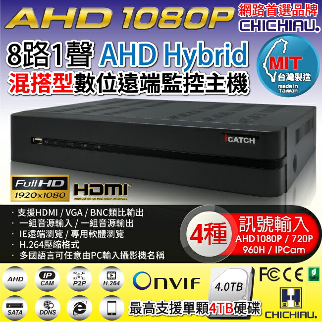 【CHICHIAU】8路AHD 1080P混搭型高畫質遠端數位監控錄影主機-DVR
