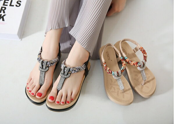 波西米亞民族風 專櫃品質 貼鑽夾腳涼鞋 夾腳 大尺碼涼鞋 平底拖鞋 人字拖鞋 夏季拖鞋 大尺碼鞋 1