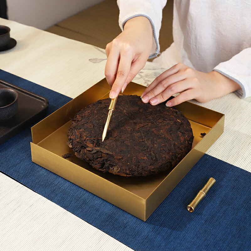 普洱茶餅盤分茶盤黃銅開茶器茶餅托盤收納分茶器茶具配件撬茶餅 2