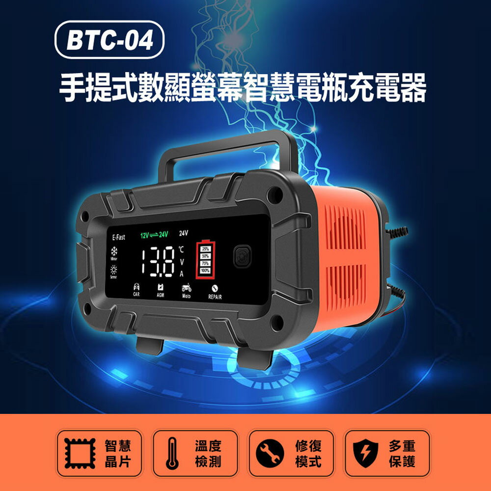BTC-04 手提式數顯螢幕智慧電瓶充電器 12V24V蓄電池 鉛酸啟停電瓶 汽機貨車適用