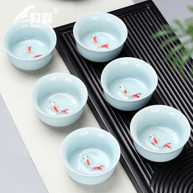 功夫小茶杯陶瓷茶盞茶碗家用單個主人杯青花瓷泡茶器青瓷中式簡約