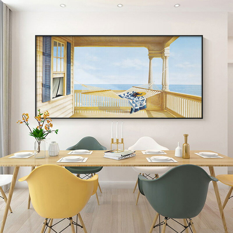 后現代客廳裝飾畫窗戶復古輕奢大掛畫海景橫版北歐臥室背景墻壁畫