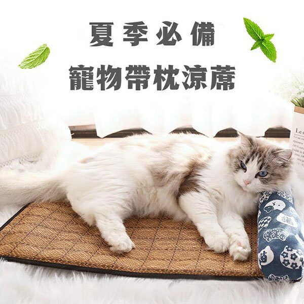 『臺灣x現貨秒出』夏季必備清涼籐編帶枕貓狗寵物涼蓆