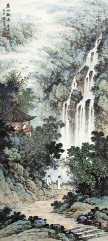 袁松年鼎湖觀瀑圖仿古畫水墨名畫復制山水畫書房玄關掛畫心裝飾畫