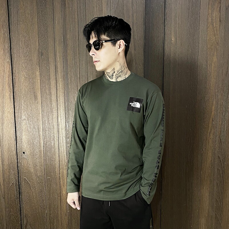 美國百分百【全新真品】The North Face 長袖 棉質 T恤 TNF 上衣 logo 長薄T 綠色/白色 DA63
