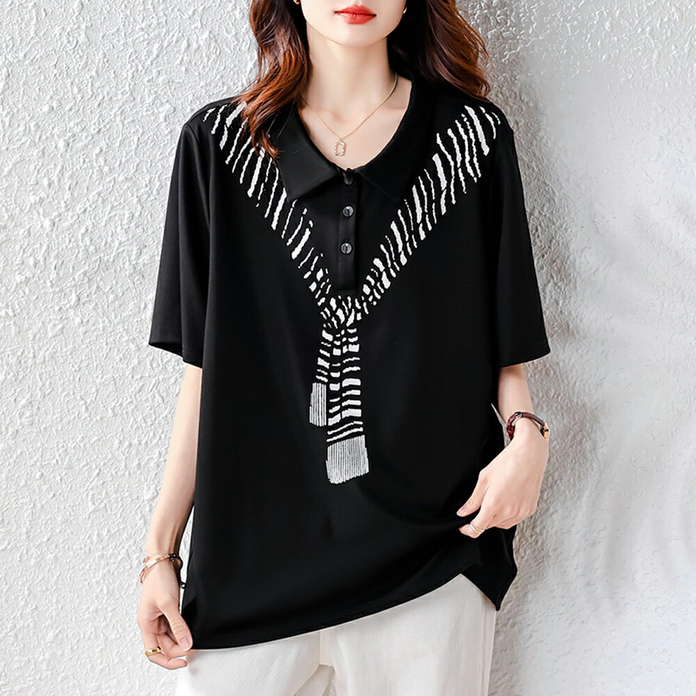 ＊ORead＊印花翻領短袖T恤上衣(黑色M~4XL)【限定加碼✿全館滿額再折】